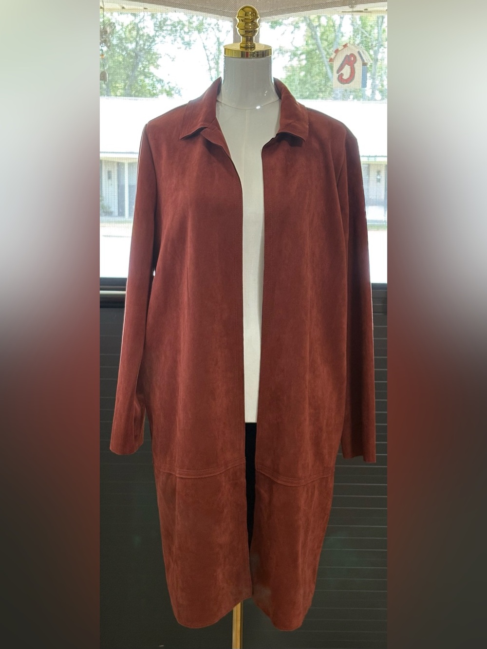 Philosophy by Republic Faux Suede Longline Duster Coat-Rust Copper Penny, Large